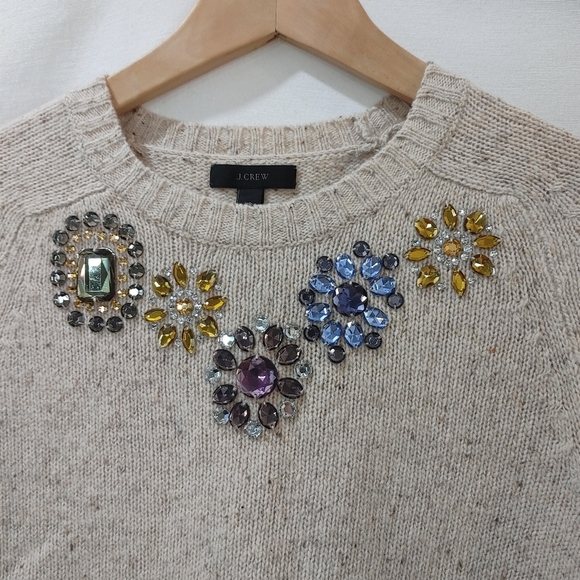 J. Crew Jeweled Neck Sweater Natural Wool Blend Oatmeal Cream XS Crew pullover - Picture 4 of 8